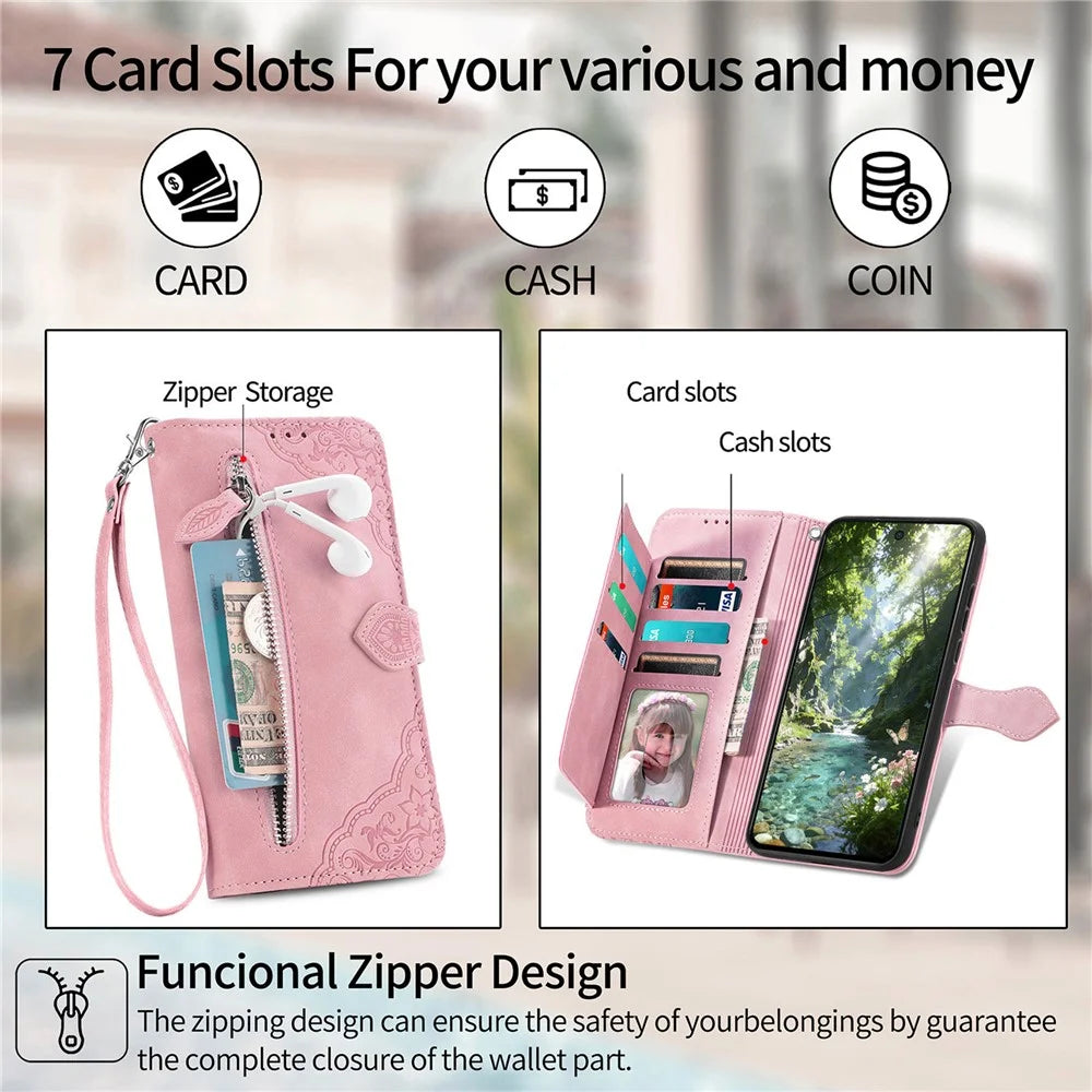 For Nothing Phone (3a) Lite 5G Zipper Wallet Case with Strap Flower Imprint PU Leather Phone Cover - Pink - 6