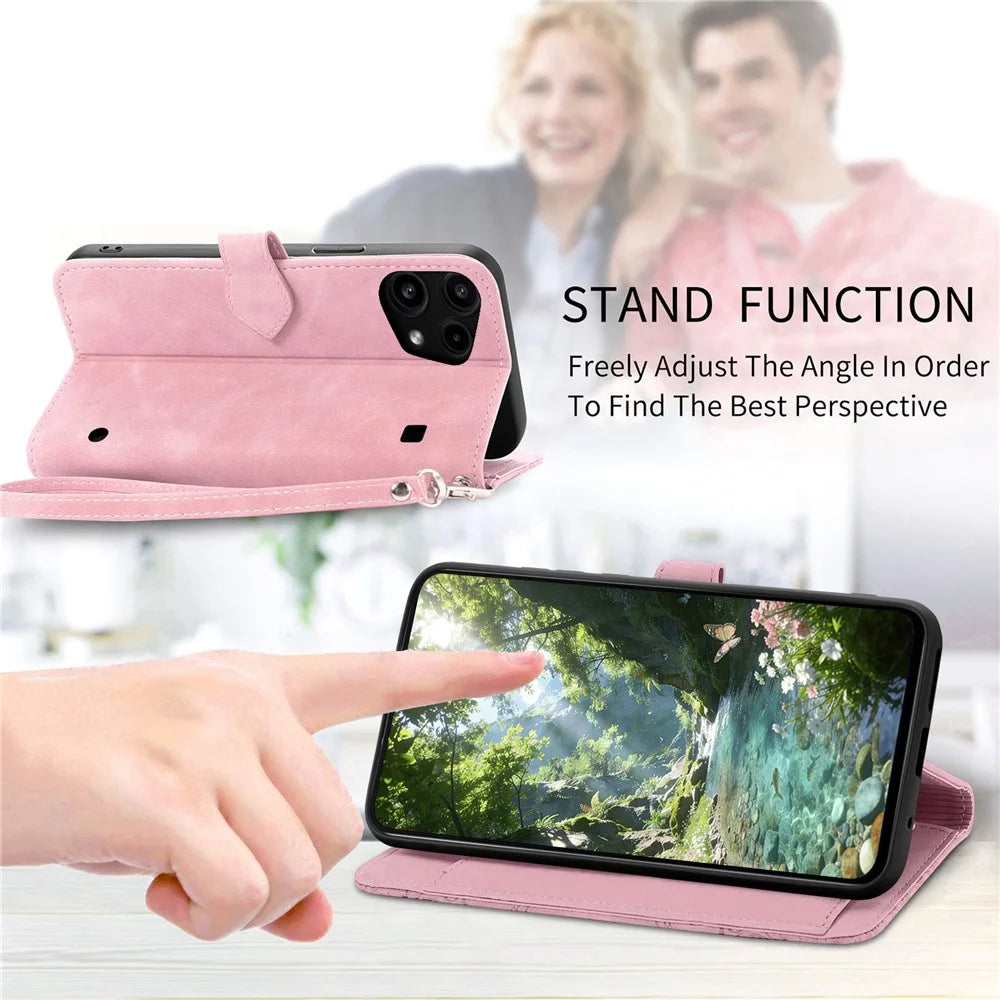 For Nothing Phone (3a) Lite 5G Zipper Wallet Case with Strap Flower Imprint PU Leather Phone Cover - Pink - 7