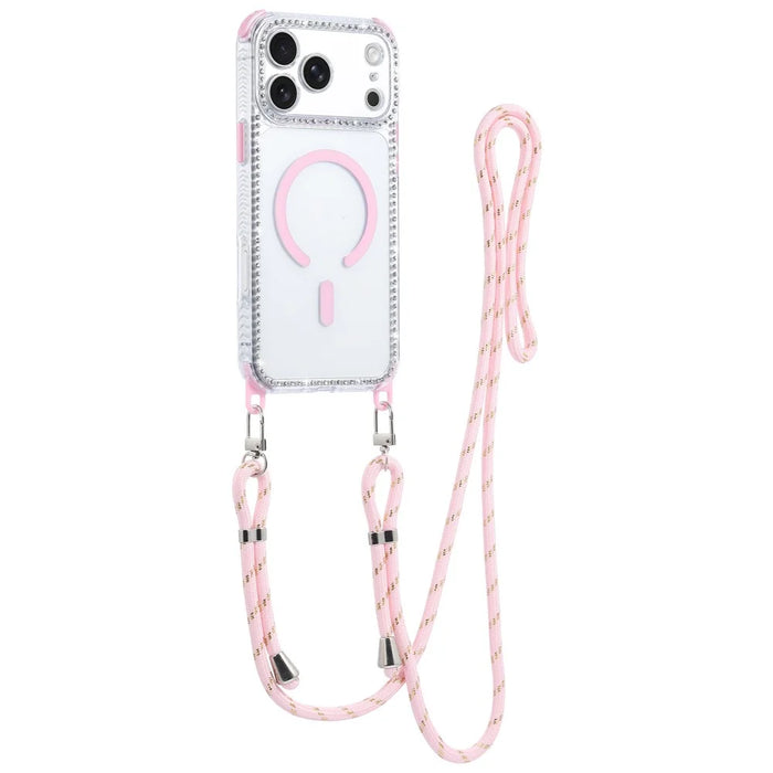 For iPhone 18 Pro / 17 Pro Magnetic Case Diamond Edge Design Clear Cover with 70-140cm Adjustable Lanyard Compatible with Magsafe - Pink - 1