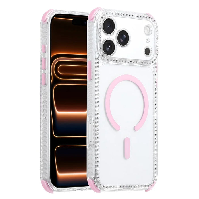 For iPhone 18 Pro / 17 Pro Magnetic Case Diamond Edge Design Clear Cover with 70-140cm Adjustable Lanyard Compatible with Magsafe - Pink - 2