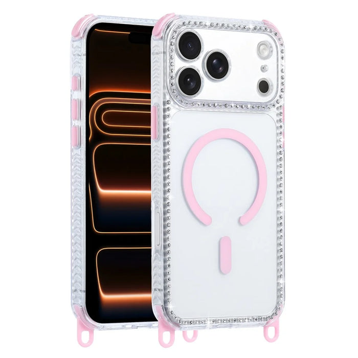 For iPhone 18 Pro / 17 Pro Magnetic Case Diamond Edge Design Clear Cover with 70-140cm Adjustable Lanyard Compatible with Magsafe - Pink - 3