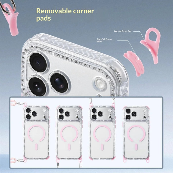 For iPhone 18 Pro Max / 17 Pro Max Magnetic Case Diamond Edge Design Clear Cover with 70-140cm Adjustable Lanyard Compatible with Magsafe - Pink - 6