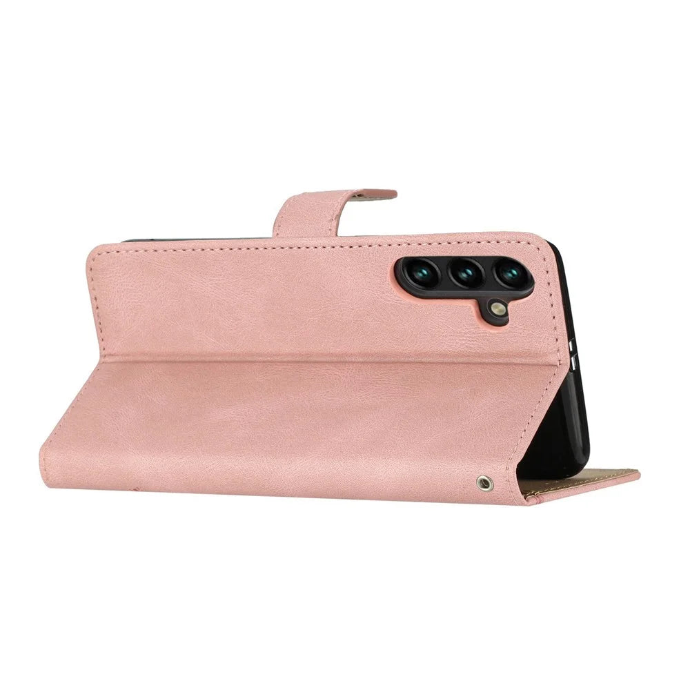 For Samsung Galaxy A04s 4G (164.7mm) Protective Phone Case Crazy Horse Texture PU Leather Cover Anti-Drop Wallet Stand Case with Strap - Rose Gold - 3