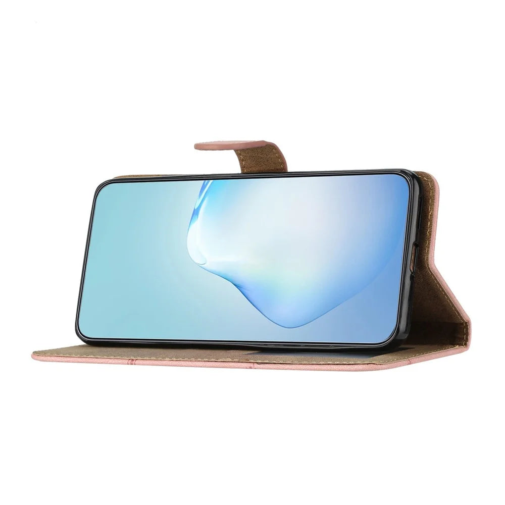 For Samsung Galaxy A04s 4G (164.7mm) Protective Phone Case Crazy Horse Texture PU Leather Cover Anti-Drop Wallet Stand Case with Strap - Rose Gold - 4