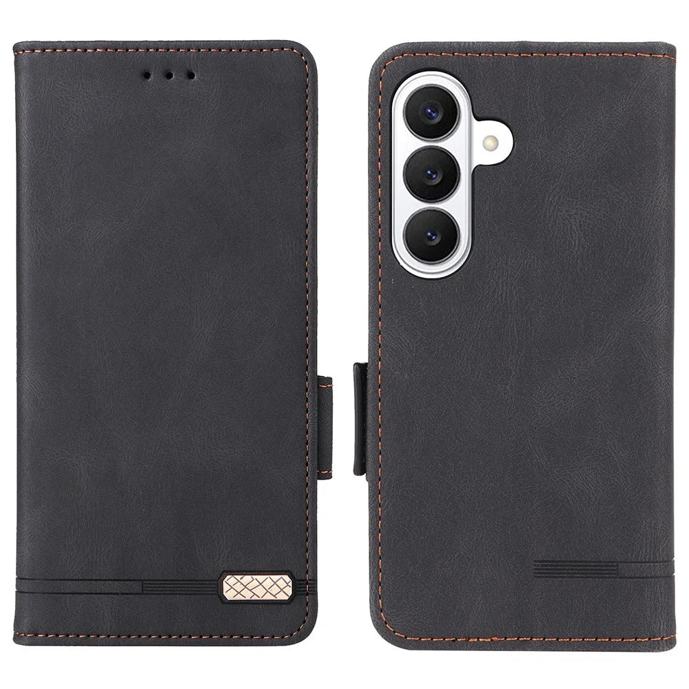 For Samsung Galaxy S26+ Case Leather Wallet Flip Phone Cover with Hardware Decor - Black - 1