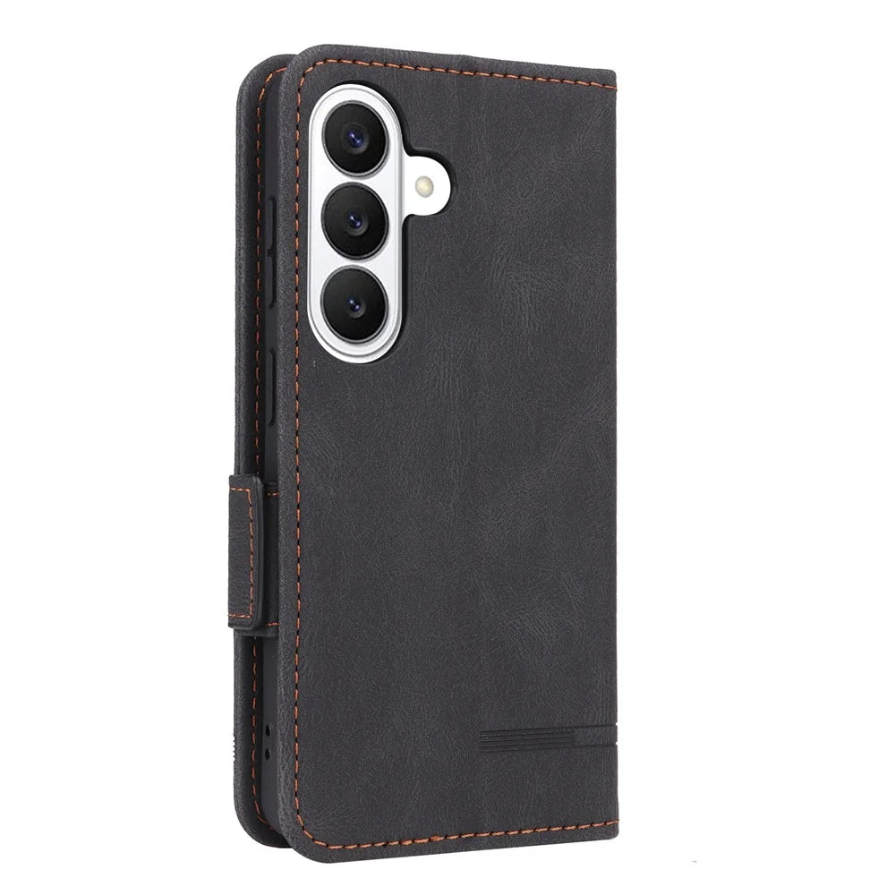 For Samsung Galaxy S26+ Case Leather Wallet Flip Phone Cover with Hardware Decor - Black - 6