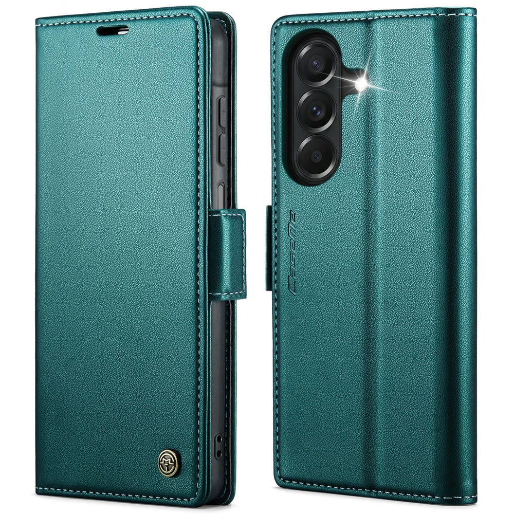 CaseMe for Samsung Galaxy A27 5G Case CASEME 023 Series RFID Blocking Wallet Stand Glossy Litchi Texture Leather Phone Cover - Green - 1