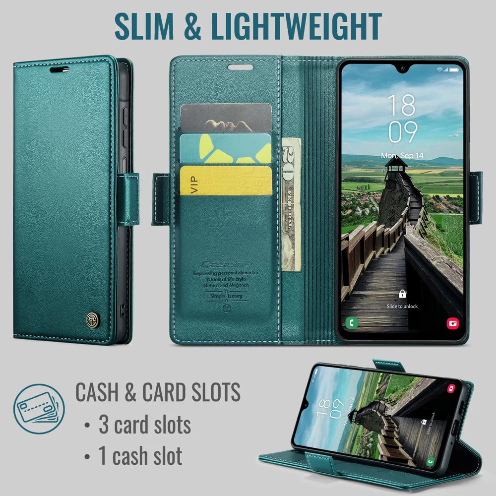 CaseMe for Samsung Galaxy A27 5G Case CASEME 023 Series RFID Blocking Wallet Stand Glossy Litchi Texture Leather Phone Cover - Green - 2