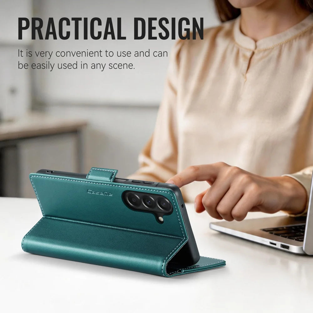 CaseMe for Samsung Galaxy A27 5G Case CASEME 023 Series RFID Blocking Wallet Stand Glossy Litchi Texture Leather Phone Cover - Green - 3