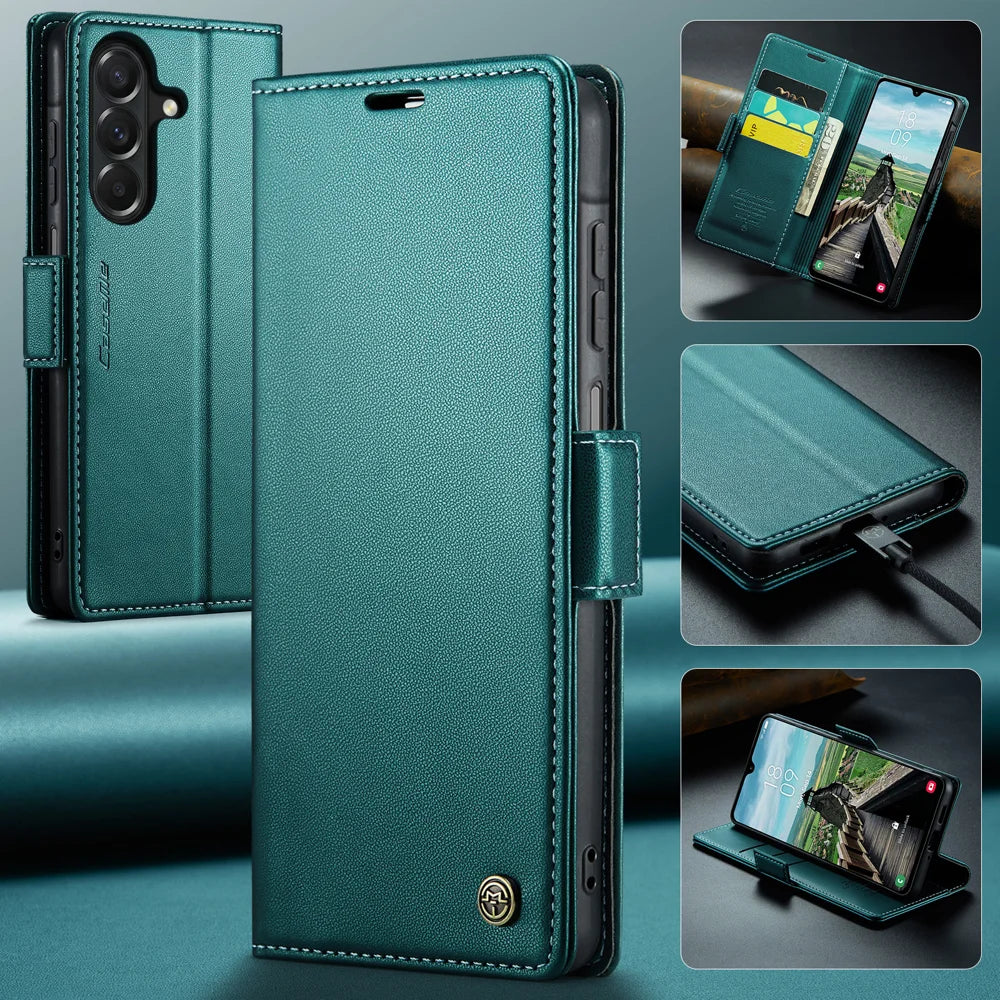 CaseMe for Samsung Galaxy A27 5G Case CASEME 023 Series RFID Blocking Wallet Stand Glossy Litchi Texture Leather Phone Cover - Green - 5