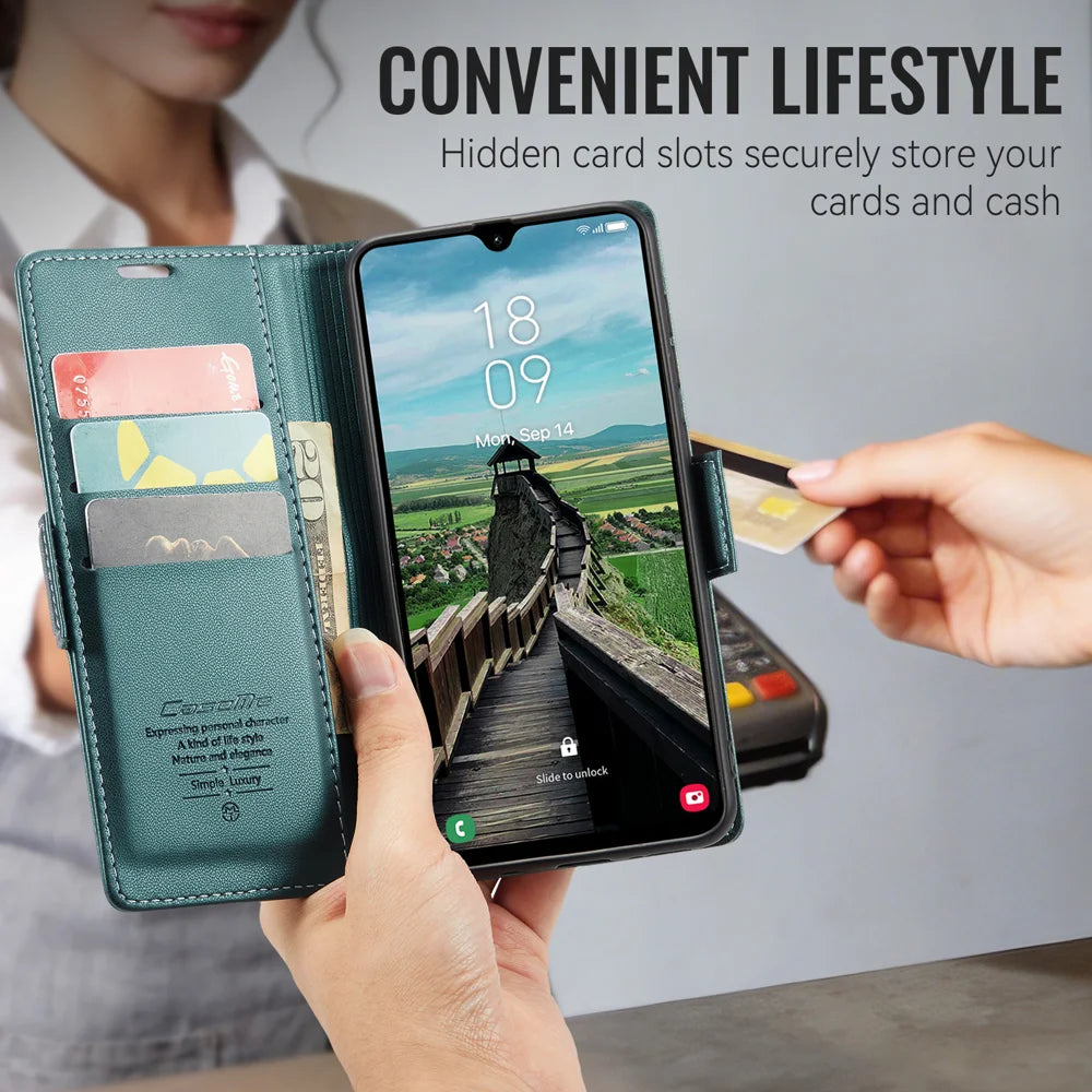 CaseMe for Samsung Galaxy A27 5G Case CASEME 023 Series RFID Blocking Wallet Stand Glossy Litchi Texture Leather Phone Cover - Green - 6