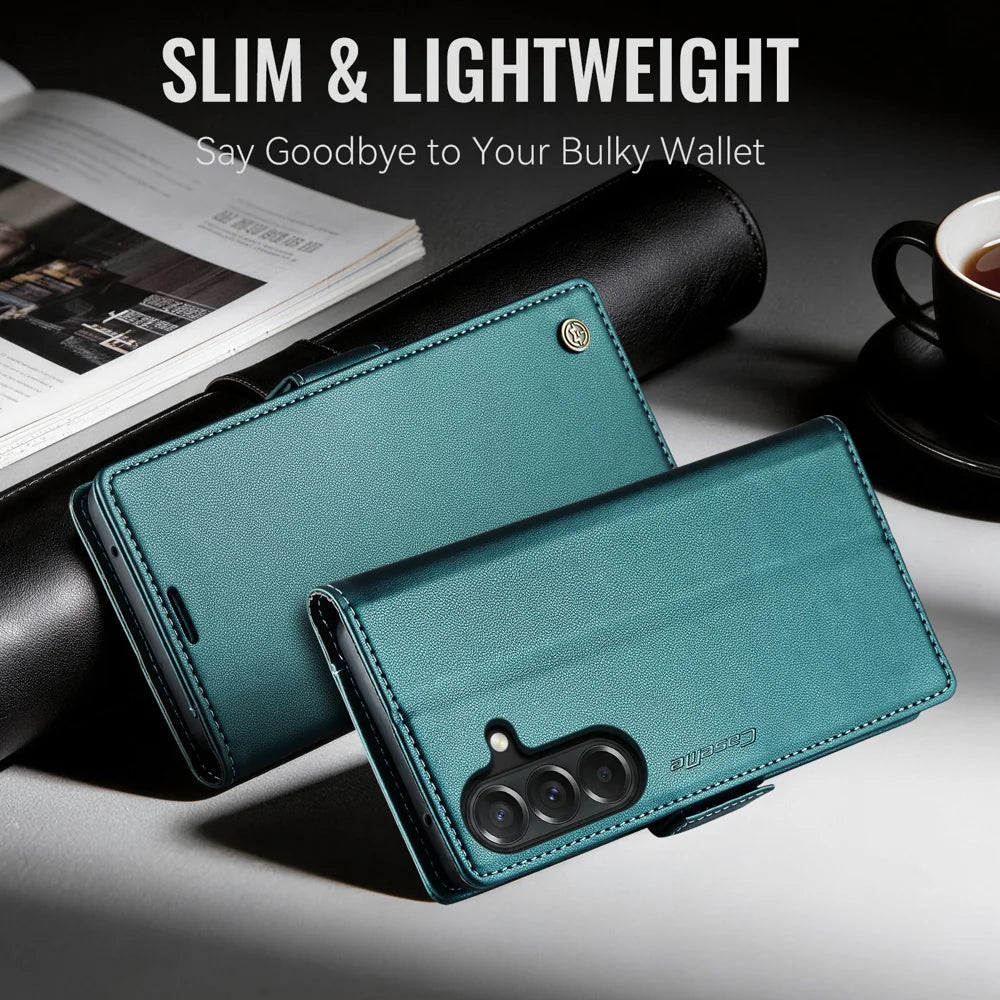 CaseMe for Samsung Galaxy A27 5G Case CASEME 023 Series RFID Blocking Wallet Stand Glossy Litchi Texture Leather Phone Cover - Green - 7