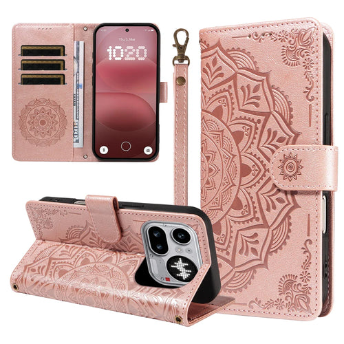 For Nothing Phone (4a) Pro Wallet Case Embossed Mandala Pattern PU Leather + TPU Cover with Wrist Strap - Rose Gold - 1