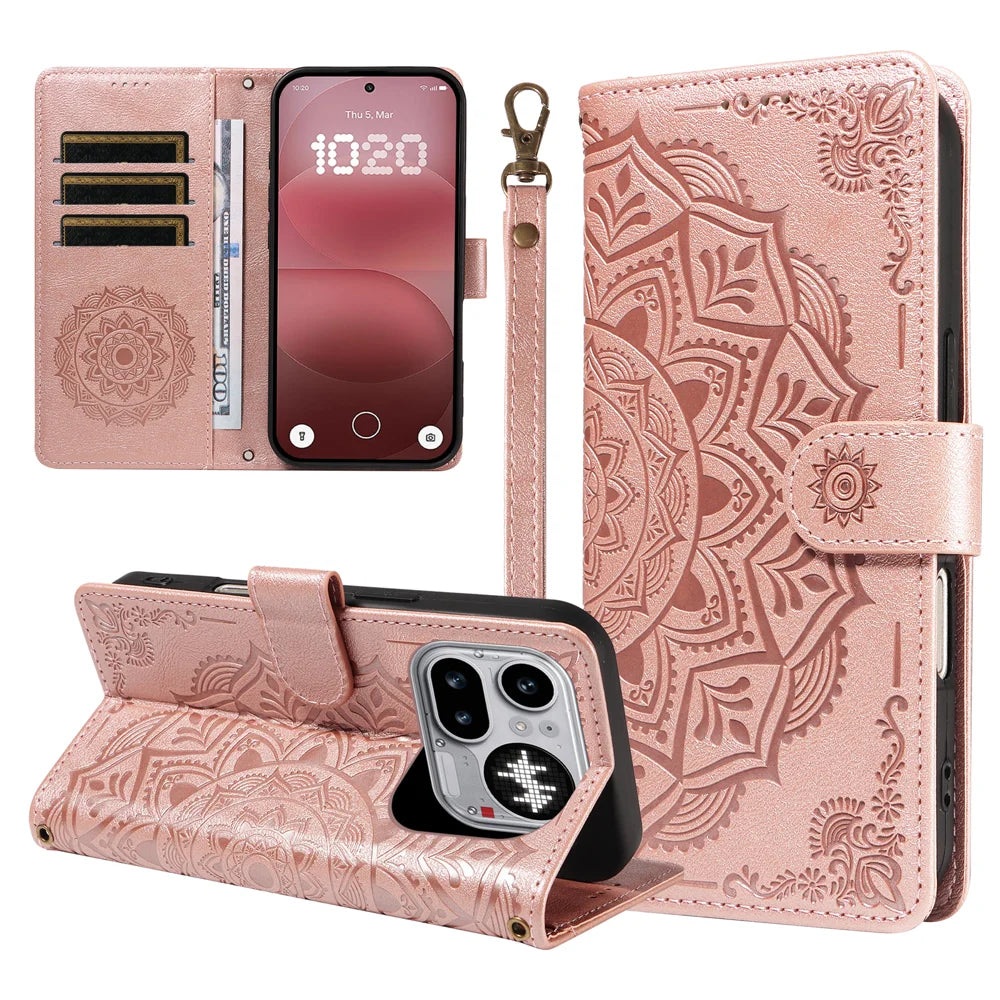 For Nothing Phone (4a) Pro Wallet Case Embossed Mandala Pattern PU Leather + TPU Cover with Wrist Strap - Rose Gold - 1