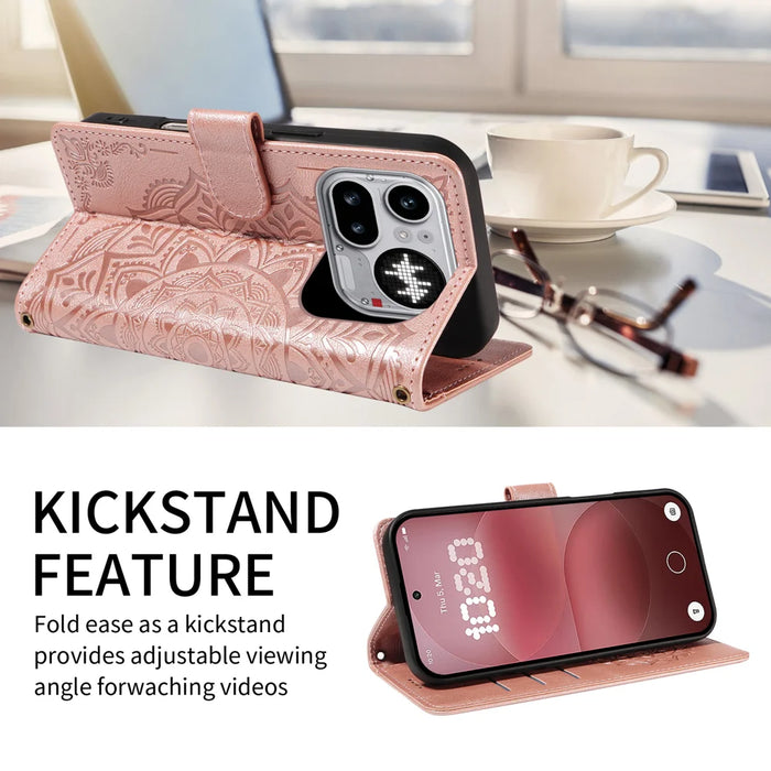 For Nothing Phone (4a) Pro Wallet Case Embossed Mandala Pattern PU Leather + TPU Cover with Wrist Strap - Rose Gold - 2