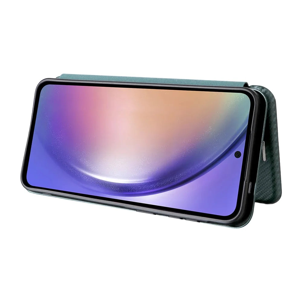 For Samsung Galaxy A37 5G Phone Case Carbon Fiber Texture Drop-Proof PU Leather Phone Cover - Green - 4