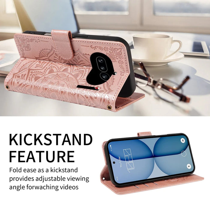 For Nothing Phone (4a) Wallet Case Embossed Mandala Pattern PU Leather + TPU Cover with Wrist Strap - Rose Gold - 2