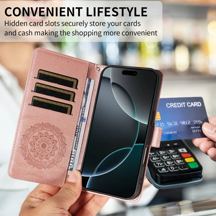 For Nothing Phone (4a) Wallet Case Embossed Mandala Pattern PU Leather + TPU Cover with Wrist Strap - Rose Gold - 7