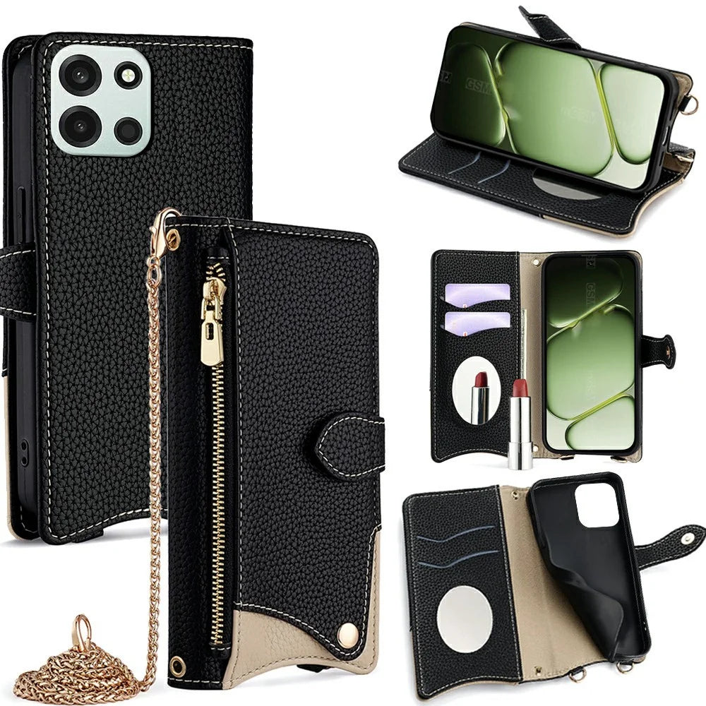 For OnePlus Turbo 6 5G / Turbo 6V 5G Leather Case Wallet Stand Cover Irregular Tail Style with Chain Strap - Black - 1