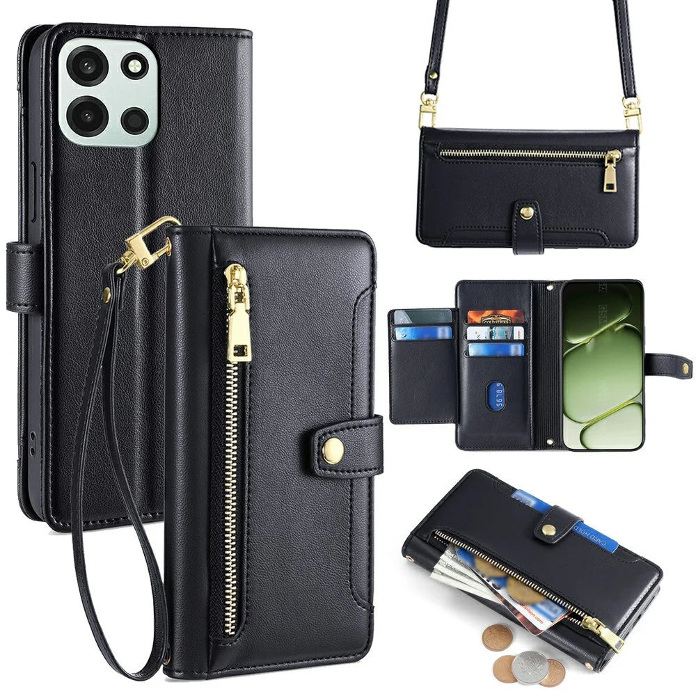 For OnePlus Turbo 6 5G / Turbo 6V 5G Leather Case Zipper Pocket Wallet Phone Cover with 2 Straps - Black - 1