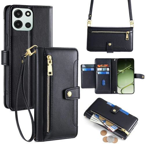 For OnePlus Turbo 6 5G / Turbo 6V 5G Leather Case Zipper Pocket Wallet Phone Cover with 2 Straps - Black - 1