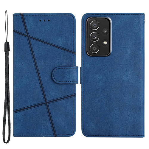 Wallet Phone Case for Samsung Galaxy A53 5G Lines Imprinted Anti-Drop Stand Case Crazy Horse Texture PU Leather Cover with Strap - Blue - 1
