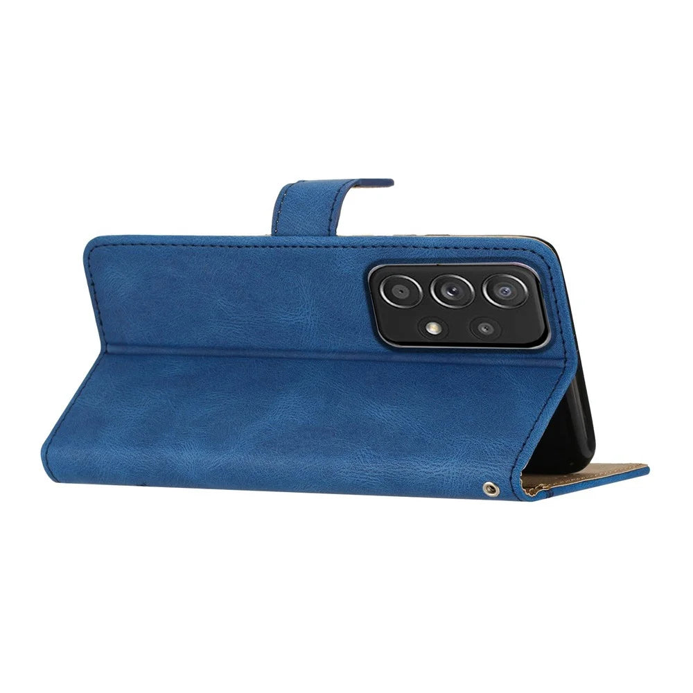 Wallet Phone Case for Samsung Galaxy A53 5G Lines Imprinted Anti-Drop Stand Case Crazy Horse Texture PU Leather Cover with Strap - Blue - 3