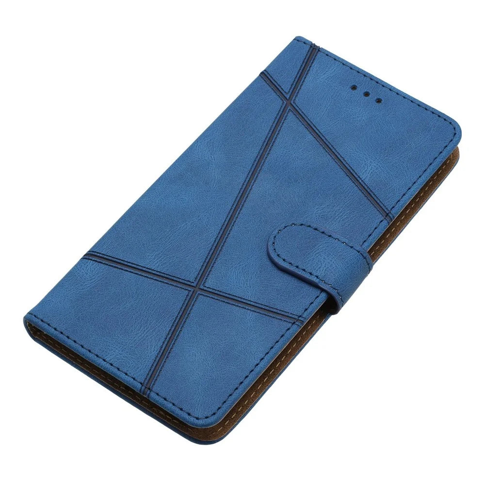 Wallet Phone Case for Samsung Galaxy A53 5G Lines Imprinted Anti-Drop Stand Case Crazy Horse Texture PU Leather Cover with Strap - Blue - 7