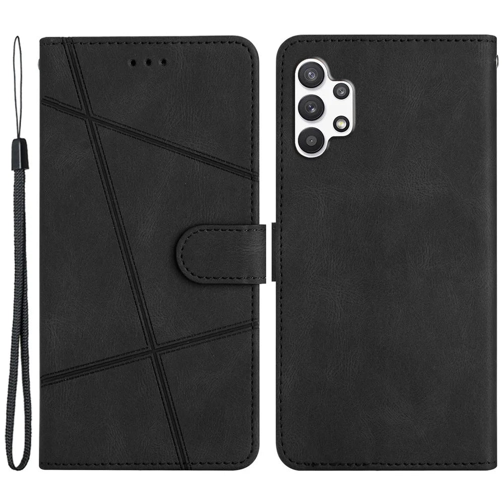 For Samsung Galaxy A13 4G Crazy Horse Texture Wallet Case PU Leather Imprinted Lines Stand Magnetic Closure Folio Phone Cover with Strap - Black - 1