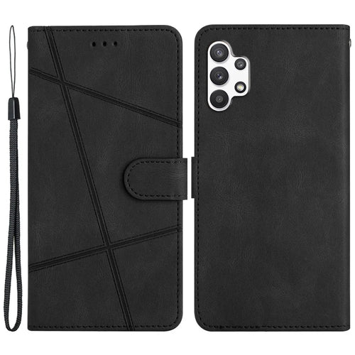 For Samsung Galaxy A13 4G Crazy Horse Texture Wallet Case PU Leather Imprinted Lines Stand Magnetic Closure Folio Phone Cover with Strap - Black - 1