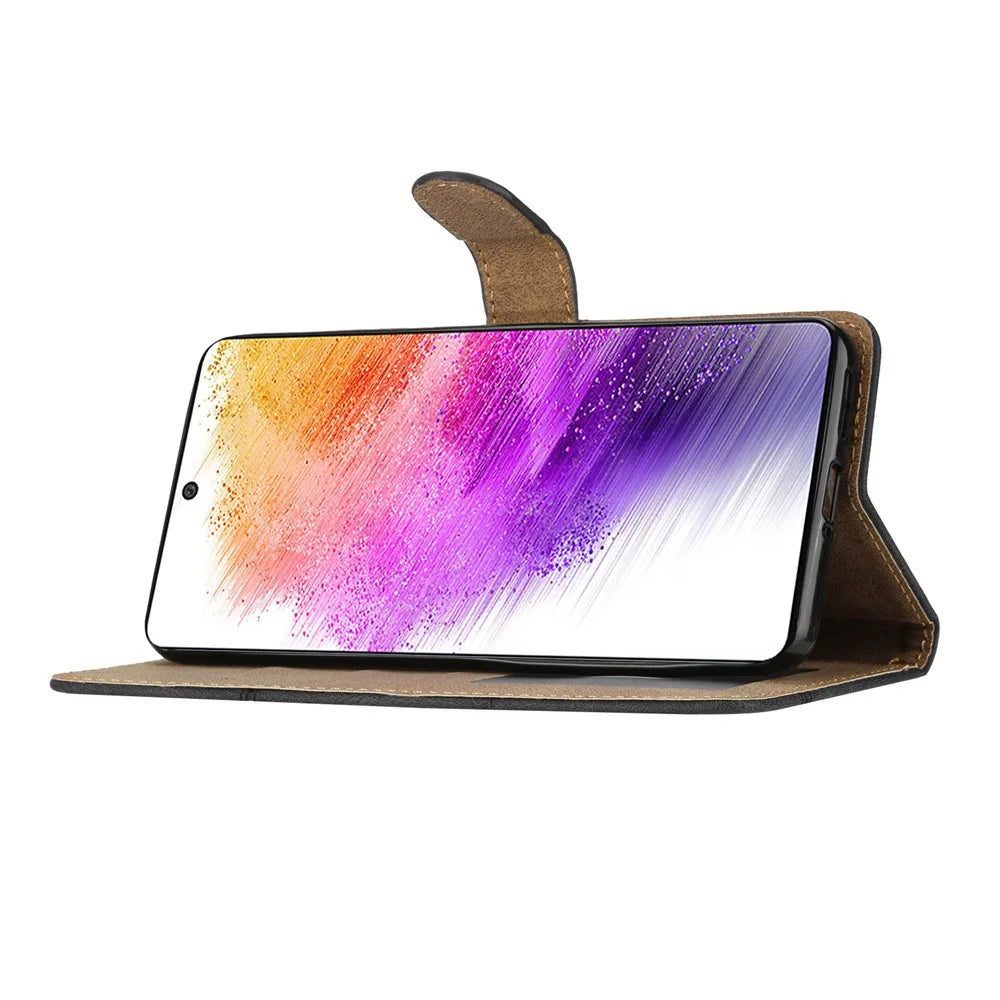 For Samsung Galaxy A13 4G Crazy Horse Texture Wallet Case PU Leather Imprinted Lines Stand Magnetic Closure Folio Phone Cover with Strap - Black - 3