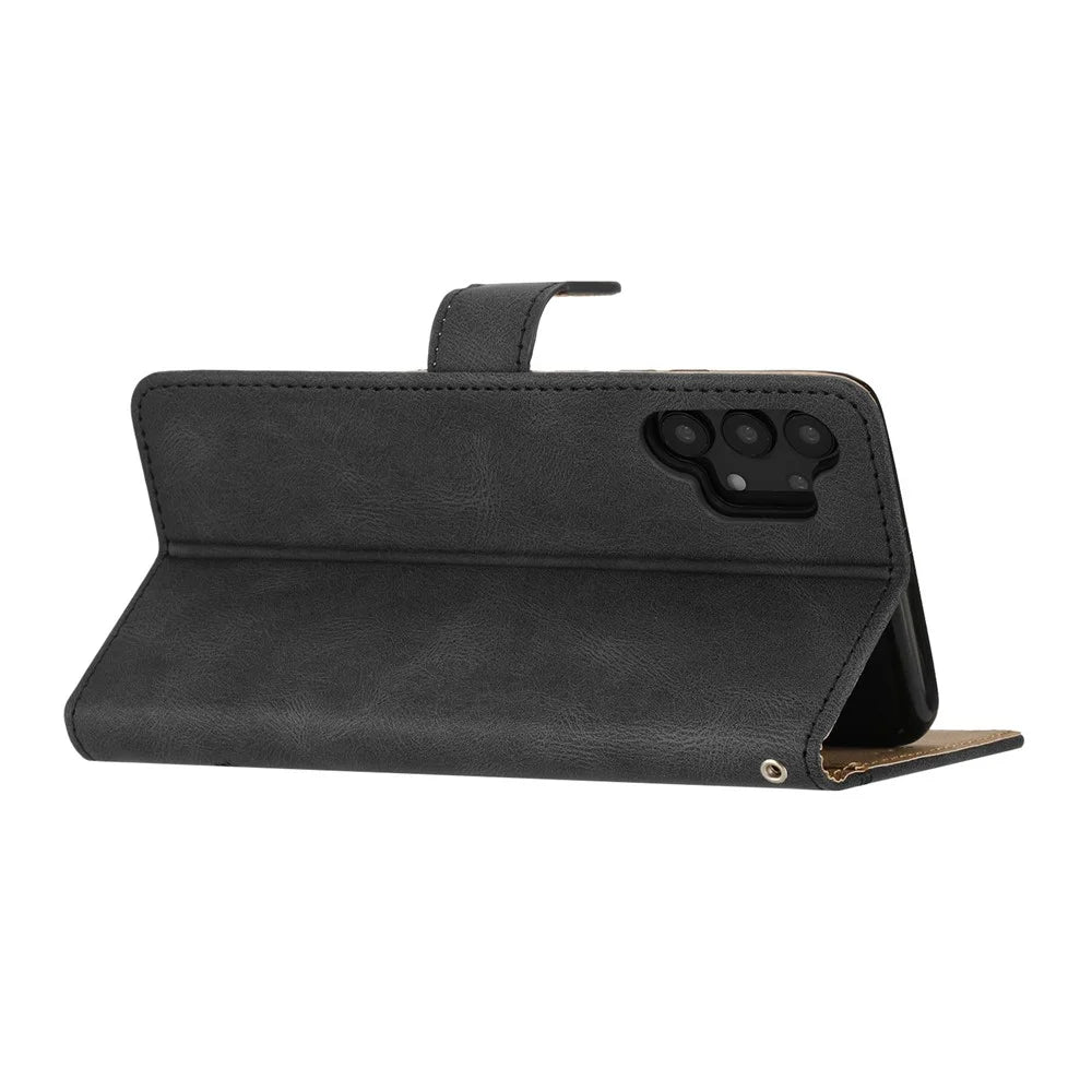 For Samsung Galaxy A13 4G Crazy Horse Texture Wallet Case PU Leather Imprinted Lines Stand Magnetic Closure Folio Phone Cover with Strap - Black - 4