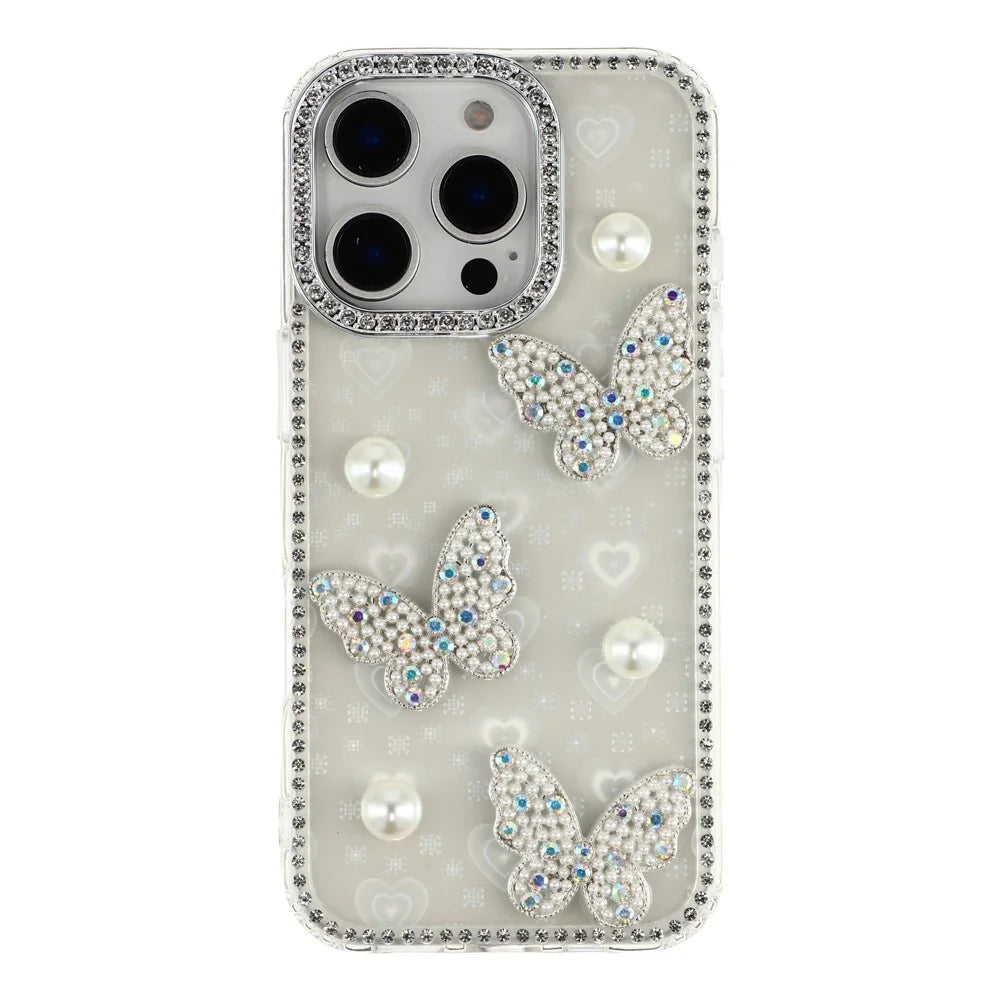 For iPhone 16 Pro Case Rhinestone Edge Pearl Butterfly Decor TPU + PC IMD Phone Cover - Heart Transparent - 1
