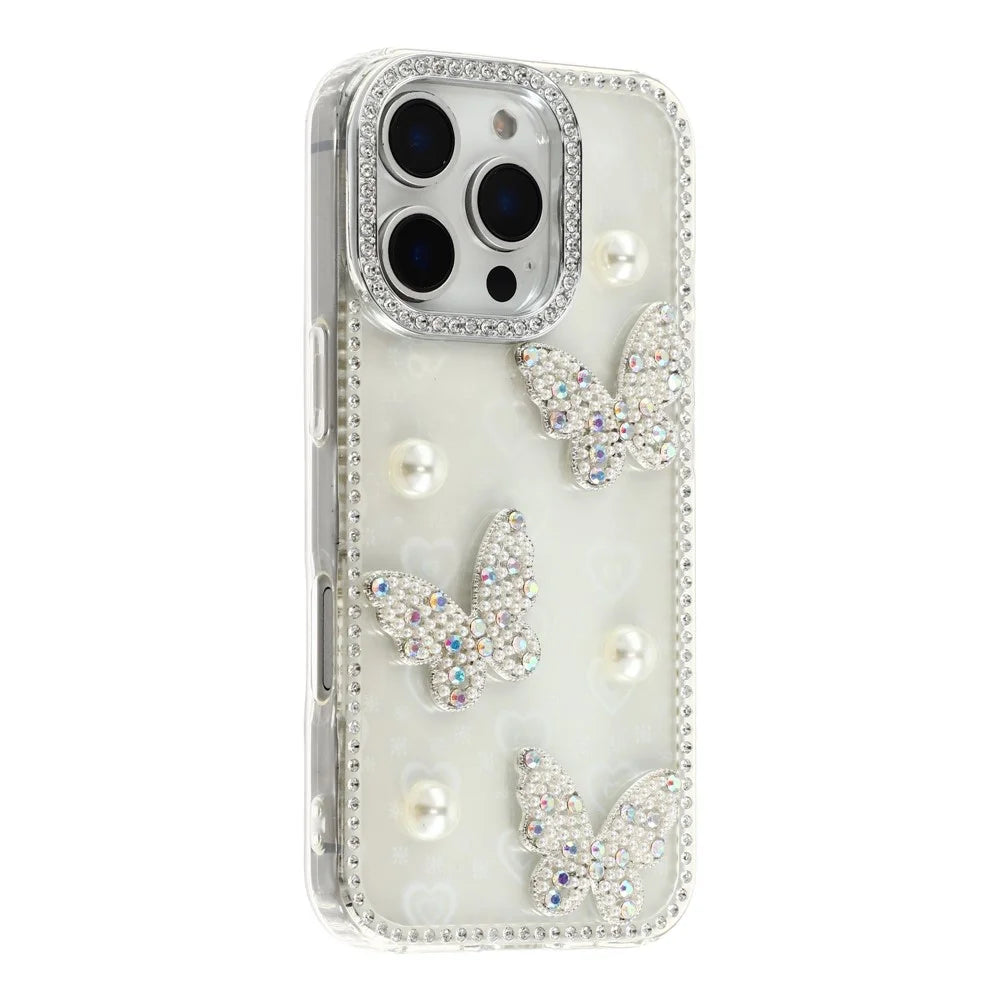 For iPhone 16 Pro Case Rhinestone Edge Pearl Butterfly Decor TPU + PC IMD Phone Cover - Heart Transparent - 3