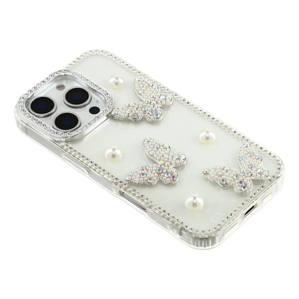 For iPhone 16 Pro Case Rhinestone Edge Pearl Butterfly Decor TPU + PC IMD Phone Cover - Heart Transparent - 4