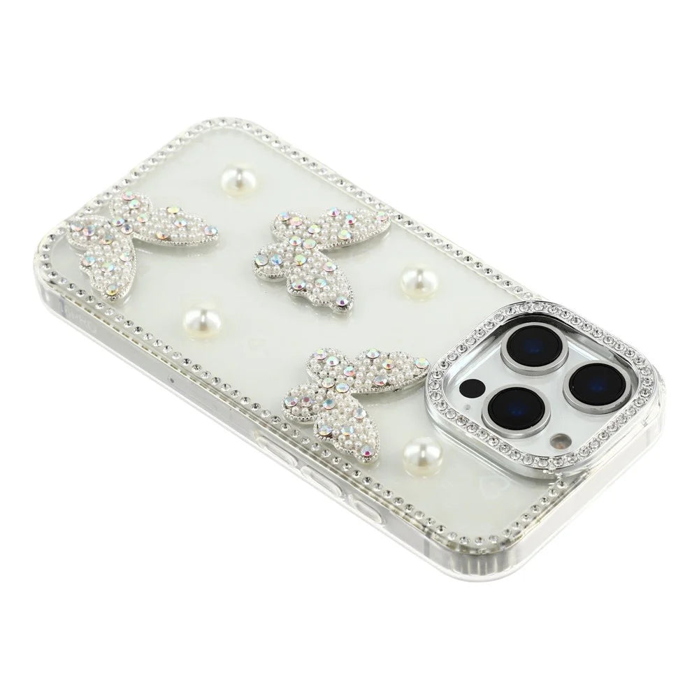 For iPhone 16 Pro Case Rhinestone Edge Pearl Butterfly Decor TPU + PC IMD Phone Cover - Heart Transparent - 5