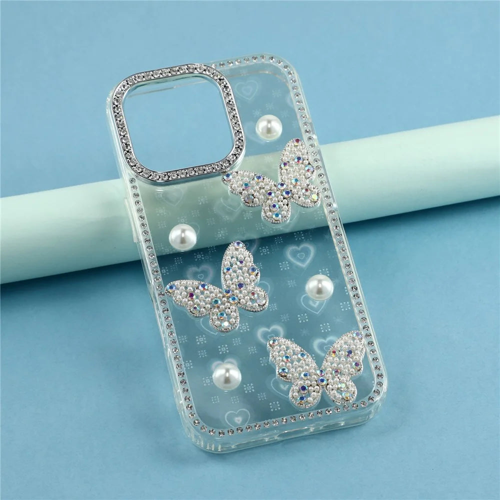 For iPhone 16 Pro Case Rhinestone Edge Pearl Butterfly Decor TPU + PC IMD Phone Cover - Heart Transparent - 6