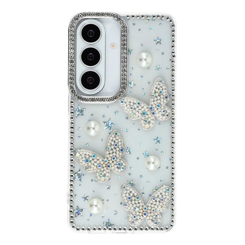 For Samsung Galaxy S26 Case Rhinestone Edge Pearl Butterfly Decor TPU + PC IMD Phone Cover - Starry Transparent - 1