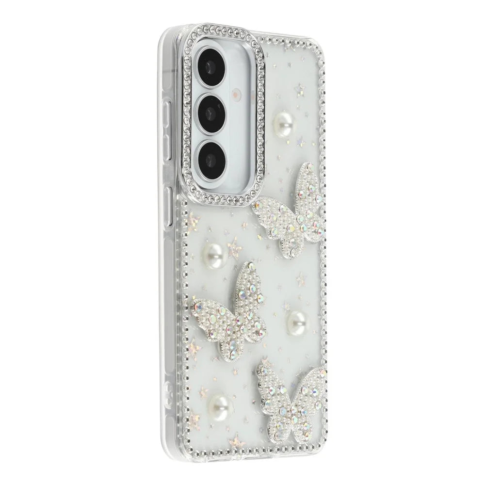 For Samsung Galaxy S26 Case Rhinestone Edge Pearl Butterfly Decor TPU + PC IMD Phone Cover - Starry Transparent - 3