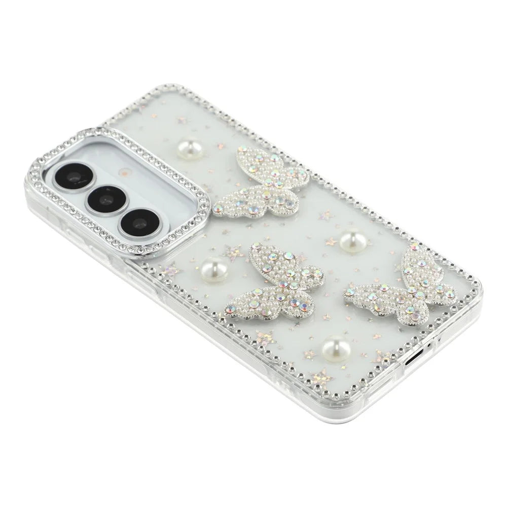 For Samsung Galaxy S26 Case Rhinestone Edge Pearl Butterfly Decor TPU + PC IMD Phone Cover - Starry Transparent - 5