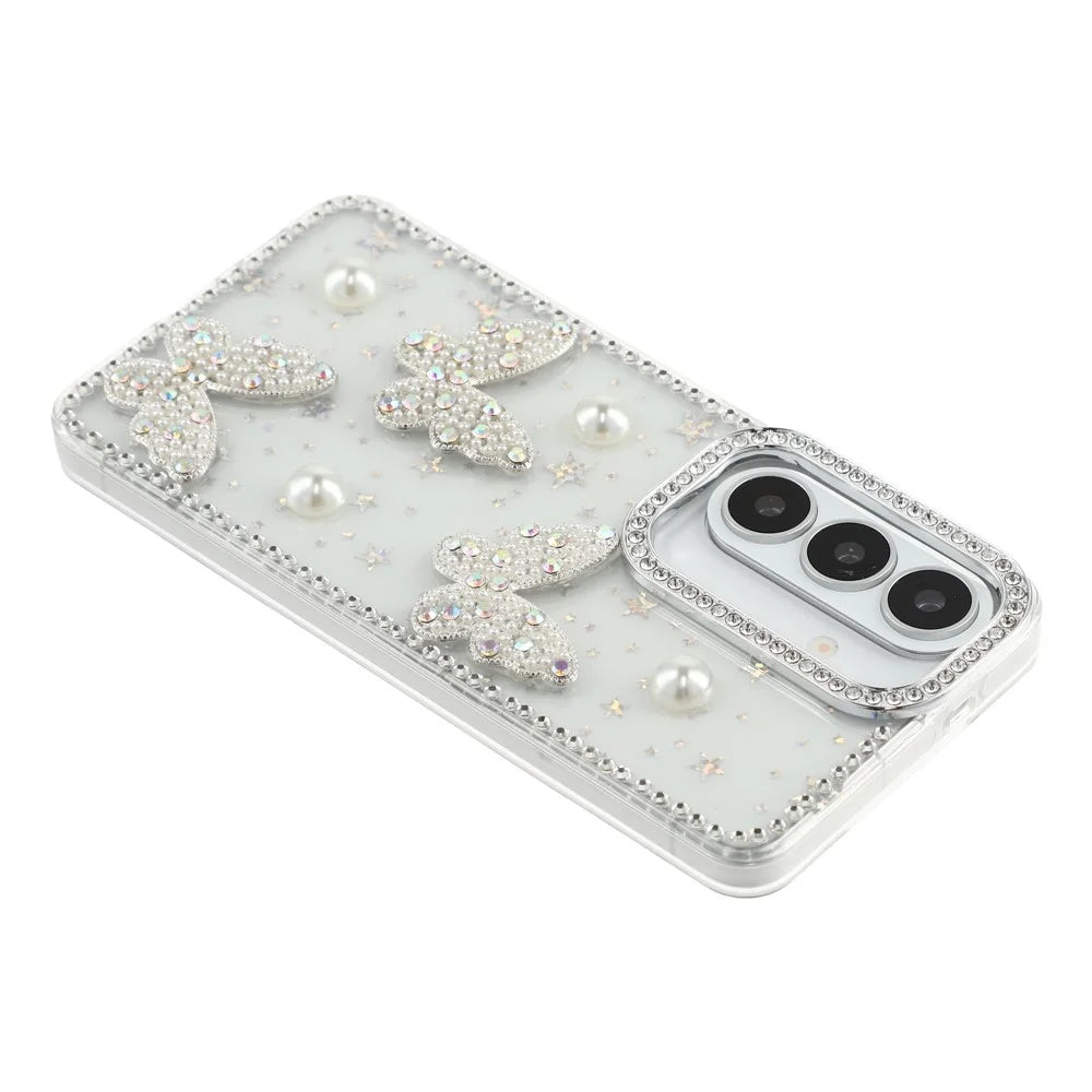 For Samsung Galaxy S26+ Case Rhinestone Edge Pearl Butterfly Decor TPU + PC IMD Phone Cover - Starry Transparent - 4