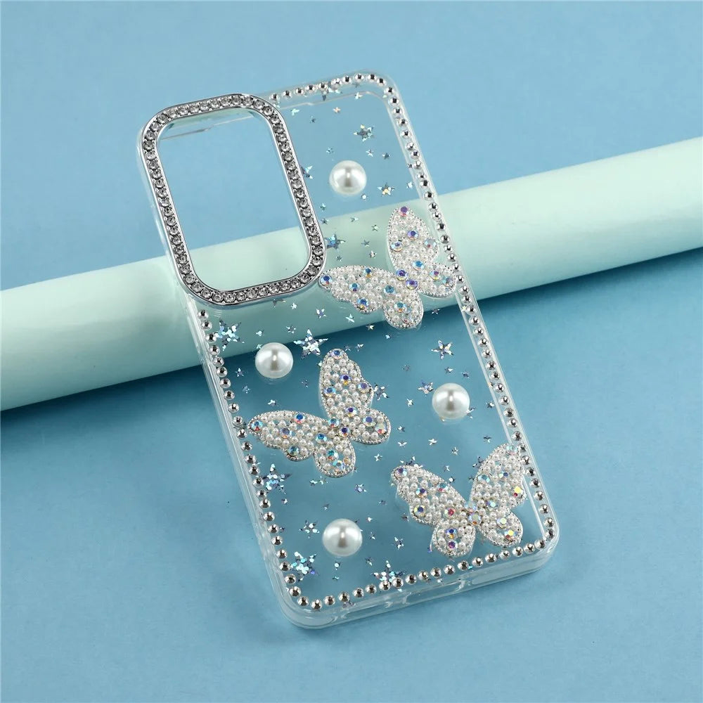 For Samsung Galaxy S26+ Case Rhinestone Edge Pearl Butterfly Decor TPU + PC IMD Phone Cover - Starry Transparent - 6