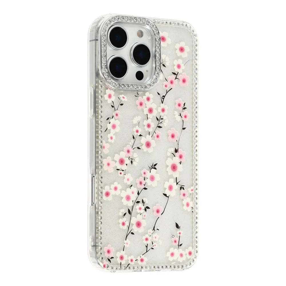 For iPhone 16 Pro Case Rhinestone Edge Flower TPU + PC IMD Phone Cover - F2 - 1
