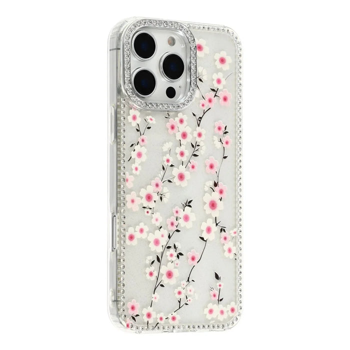 For iPhone 16 Pro Case Rhinestone Edge Flower TPU + PC IMD Phone Cover - F2 - 1