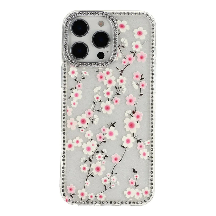 For iPhone 16 Pro Case Rhinestone Edge Flower TPU + PC IMD Phone Cover - F2 - 2
