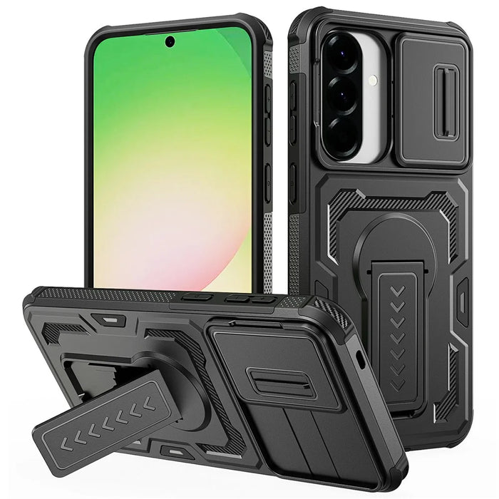 For Samsung Galaxy A57 5G Case Slide Lens Shield PC + TPU Kickstand Phone Cover - Black - 1