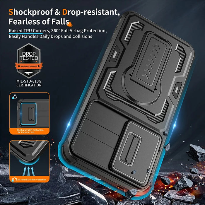 For Samsung Galaxy A57 5G Case Slide Lens Shield PC + TPU Kickstand Phone Cover - Black - 4