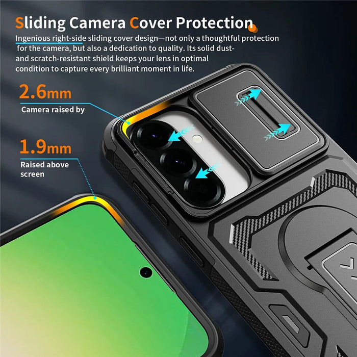 For Samsung Galaxy A57 5G Case Slide Lens Shield PC + TPU Kickstand Phone Cover - Black - 6
