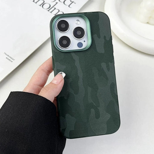 For iPhone 16 Pro Max Magnetic Case Luxury Camouflage PC PU Leather Shockproof Cover Compatible with Magsafe - Army Green - 1