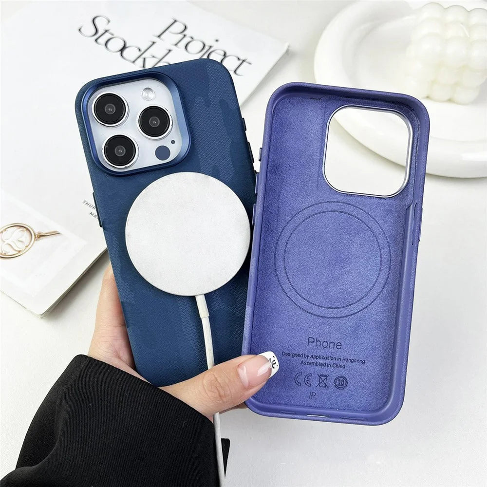 For iPhone 14 Pro Magnetic Case Luxury Camouflage PC PU Leather Shockproof Cover Compatible with Magsafe - Army Green - 3